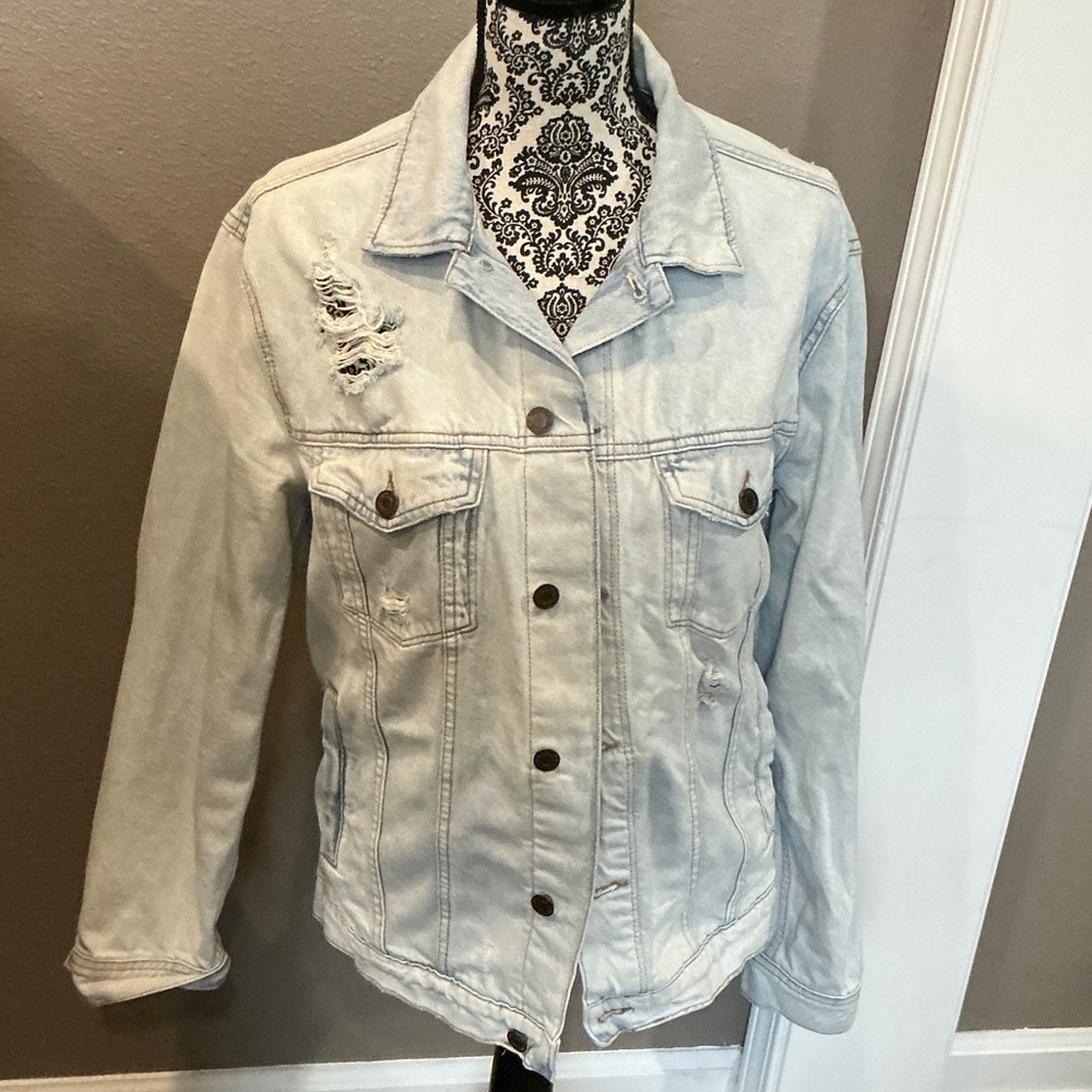 Divided Light Blue Distressed Jean Jacket Size Small